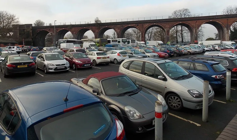 Croft Road pay and display car park under the railway viaduct, one of Worcester's four green zone car parks at £4.70 for 24 hours