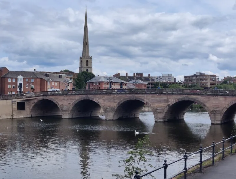 Worcester Bridge over the Severn, the city's central river crossing and the pinch point between the town centre and St John's